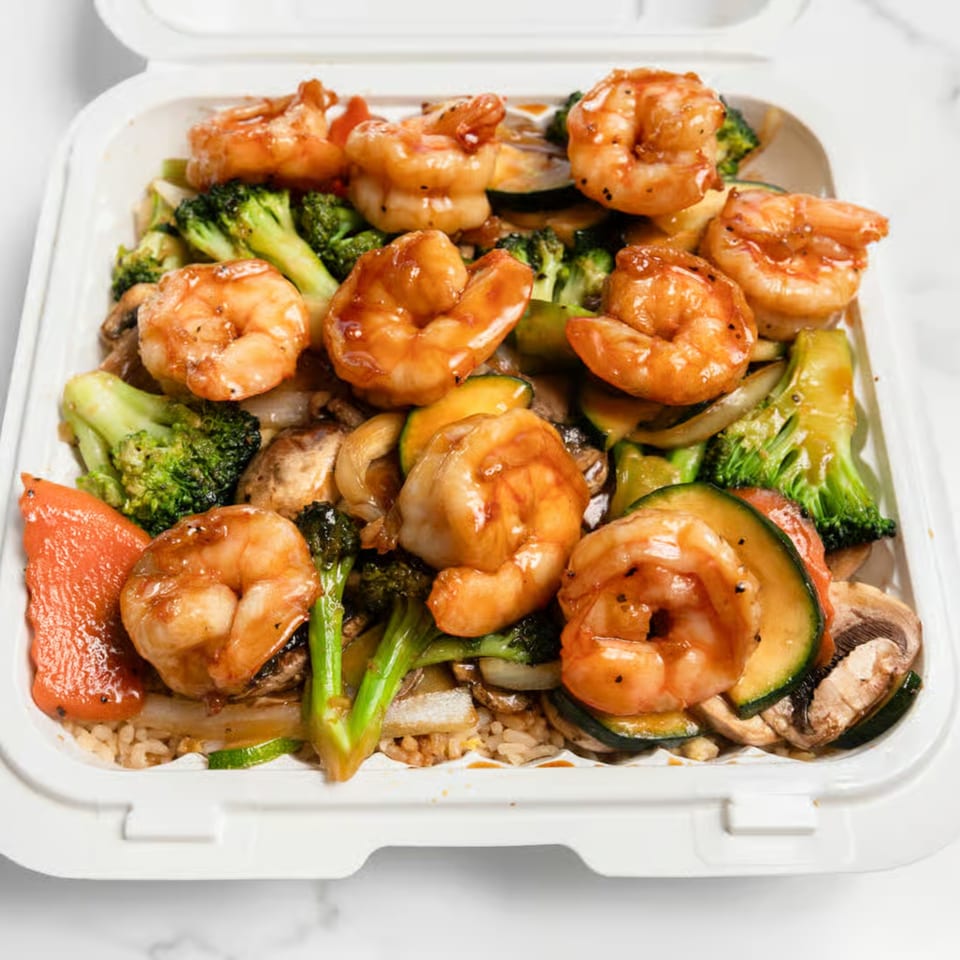 Hibachi shrimp with broccoli, zucchini, mushrooms, and red peppers over rice in a takeout container.