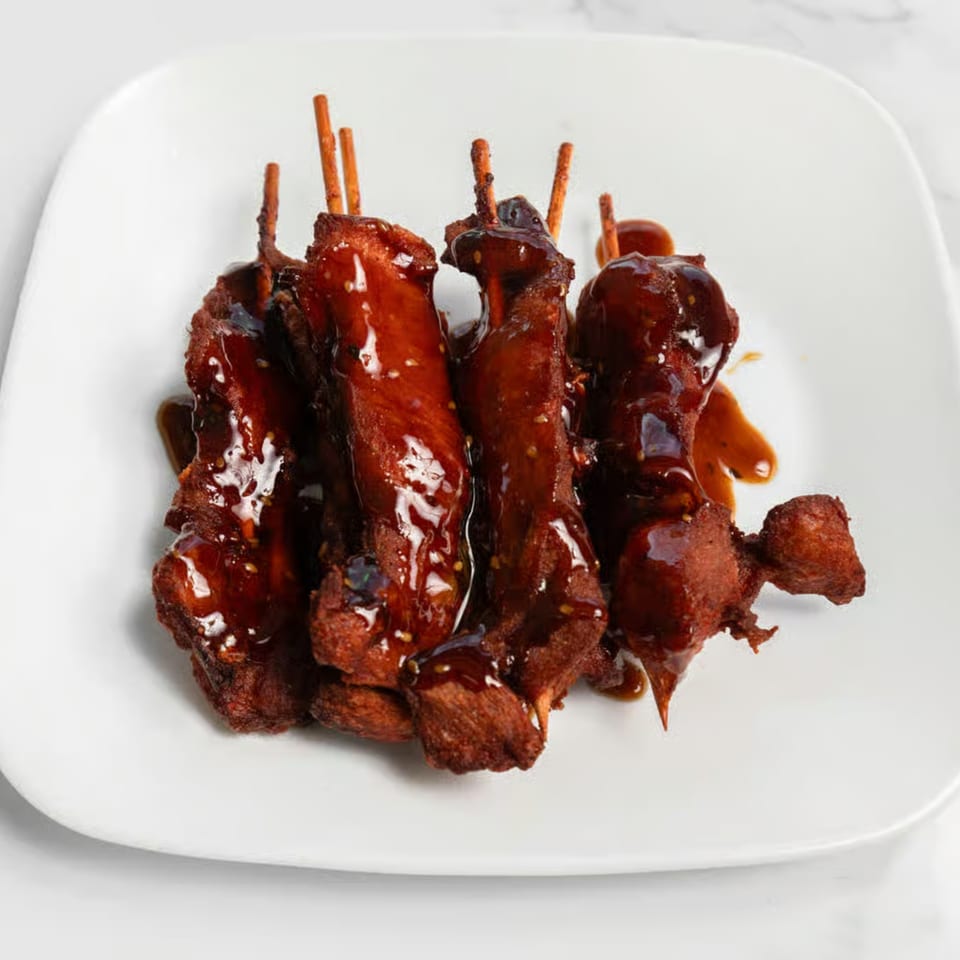 Five Aaron Wings & Hibachi chicken wings on skewers, coated in a glossy dark sauce, on a white plate.